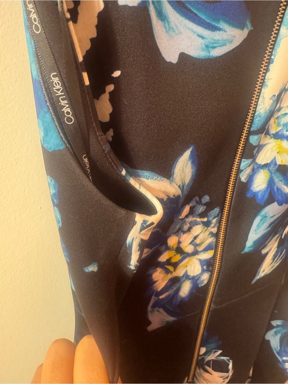 Calvin Klein Black Floral Midi Dress with Blue & White Blooms - Picture 5 of 6